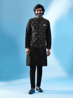 KISAH - Men Black Kurta Jacket Trouser Set (Set of 3)