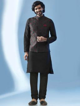 KISAH - Men Black Kurta Jacket Churidar Set (Set of 3)