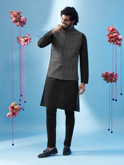 KISAH - Men Black Kurta Jacket Churidar Set (Set of 3)