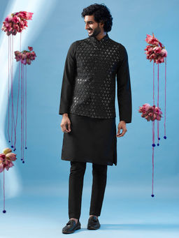 KISAH - Men Black Kurta Jacket Trouser Set (Set of 3)