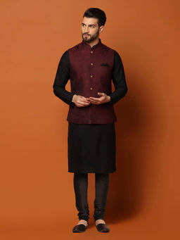 KISAH - Men Maroon Kurta Jacket Churidar Set (Set of 3)