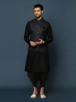 KISAH - Men Navy Blue Kurta Jacket Dhoti Set (Set of 3)