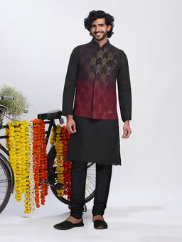 KISAH - Men Black Kurta Jacket Churidar Set (Set of 3)