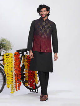 KISAH - Men Black Kurta Jacket Trouser Set (Set of 3)