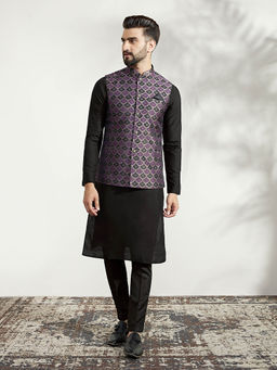 KISAH - Men Purple & Black Woven Silk Blend Jacquard Kurta Jacket Trouser Set with Ethnic Motifs