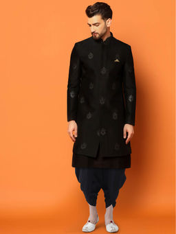 KISAH - Men Black Kurta Sherwani Dhoti Pant Set (Set of 3)