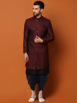 KISAH - Men Maroon Kurta Sherwani Dhoti Pant Set (Set of 3)