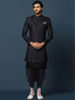 KISAH - Men Navy Blue Kurta Sherwani Dhoti Pant Set (Set of 3)