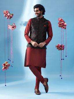 KISAH - Men Black Kurta Jacket Churidar Set (Set of 3)