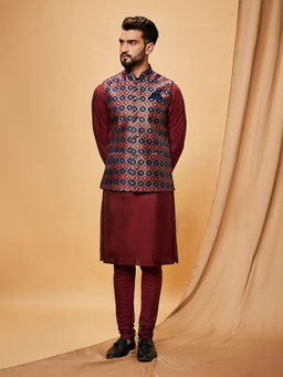 KISAH - Men Red Kurta Jacket Churidar Set (Set of 3)