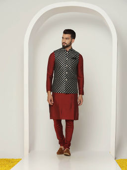 KISAH - Men Black Kurta Jacket Churidar Set (Set of 3)