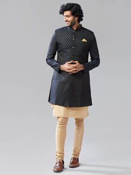 KISAH - Men Navy Blue Kurta Sherwani Churidar Set (Set of 3)