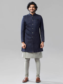KISAH - Men Navy Blue Kurta Sherwani Churidar Set (Set of 3)