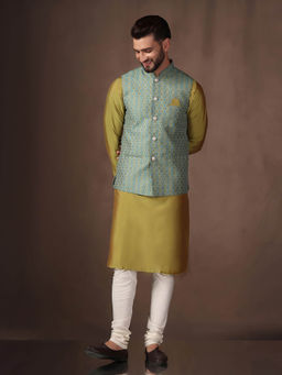 KISAH - Men Blue Kurta Jacket Churidar Set (Set of 3)