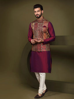 KISAH - Men Maroon Printed Cotton Blend Kurta Jacket Churidar Set with Abstract Print