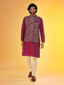 KISAH - Men Maroon Kurta Jacket Churidar Set (Set of 3)