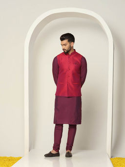 KISAH - Men Red Kurta Jacket Churidar Set (Set of 3)