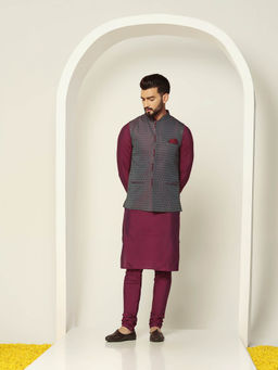 KISAH - Men Blue Textured Silk Blend Jacquard Kurta Jacket Churidar Set with Gundi Buttons