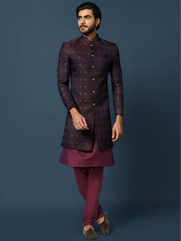 KISAH - Men Purple Kurta Sherwani Churidar Set (Set of 3)