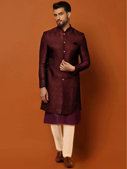 KISAH - Men Purple Kurta Sherwani Trouser Set (Set of 3)