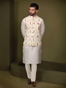 KISAH - Men White Kurta Jacket Trouser Set (Set of 3)