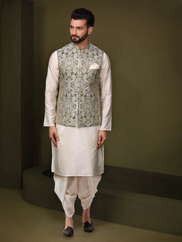 KISAH - Men Olive Kurta Jacket Dhoti Set (Set of 3)