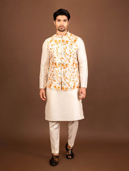 KISAH - Men White Kurta Jacket Trouser Set (Set of 3)