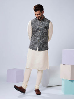 KISAH - Men Ash Grey Printed Cotton Blend Kurta Jacket Churidar Set with Ethnic Motifs