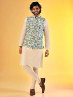 KISAH - Men Blue Kurta Jacket Churidar Set (Set of 3)