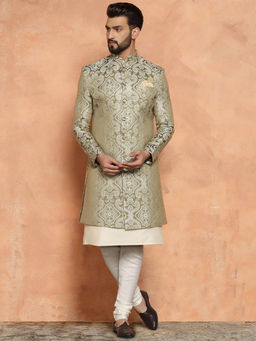 KISAH - Men Olive Kurta Sherwani Churidar Set (Set of 3)