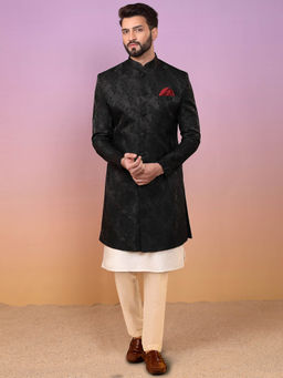 KISAH - Men Black Kurta Sherwani Trouser Set (Set of 3)