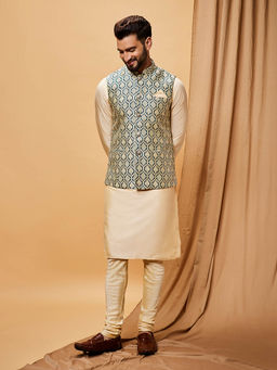 KISAH - Men Blue Kurta Jacket Churidar Set (Set of 3)