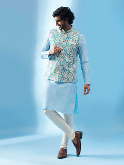 KISAH - Men Blue Kurta Jacket Churidar Set (Set of 3)