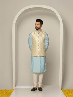 KISAH - Men Off White Kurta Jacket Churidar Set (Set of 3)