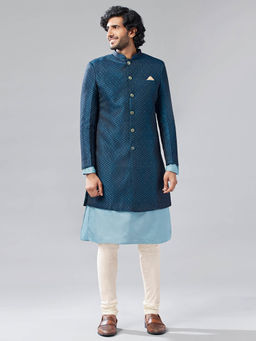 KISAH - Men Navy Blue Kurta Sherwani Churidar Set (Set of 3)