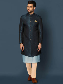 KISAH - Men Navy Blue Kurta Sherwani Trouser Set (Set of 3)