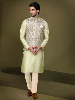 KISAH - Men Olive Kurta Jacket Trouser Set (Set of 3)