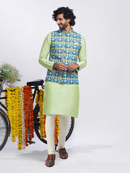 KISAH - Men Blue Kurta Jacket Churidar Set (Set of 3)