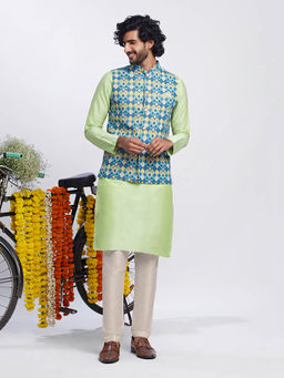 KISAH - Men Blue Kurta Jacket Trouser Set (Set of 3)