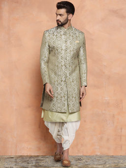 KISAH - Men Olive Kurta Sherwani Dhoti Pant Set (Set of 3)