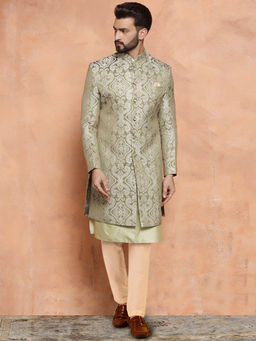 KISAH - Men Olive Kurta Sherwani Trouser Set (Set of 3)