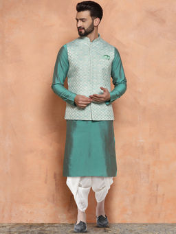 KISAH - Men Green Kurta Jacket Dhoti Set (Set of 3)