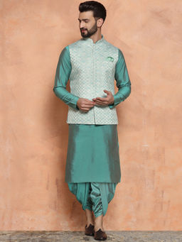 KISAH - Men Green Kurta Jacket Dhoti Set (Set of 3)