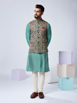 KISAH - Men Multi Coloured Printed Cotton Blend Kurta Jacket Churidar Set