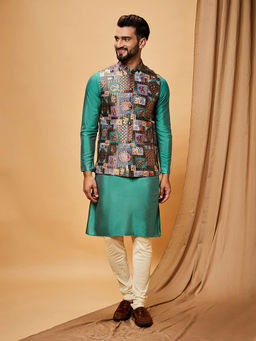 KISAH - Men Green Kurta Jacket Churidar Set (Set of 3)