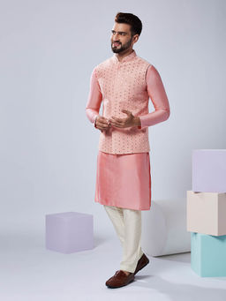 KISAH - Men Pink Embroidery Silk Blend Kurta Jacket Trouser Set