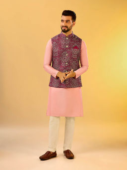 KISAH - Men Wine Kurta Jacket Trouser Set (Set of 3)