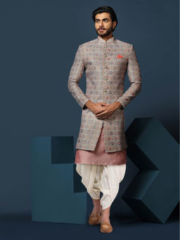KISAH - Men Grey Kurta Sherwani Dhoti Pant Set (Set of 3)
