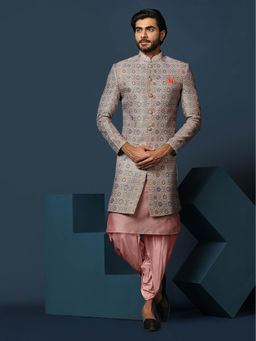 KISAH - Men Grey Kurta Sherwani Dhoti Pant Set (Set of 3)