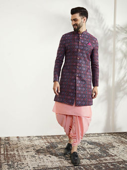 KISAH - Men Multi Coloured Textured Silk Blend Jacquard Kurta Indowestern Sherwani Dhoti Set